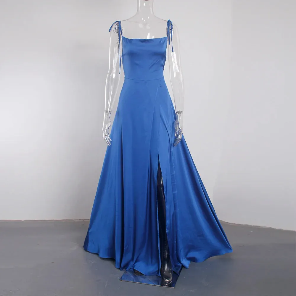 A-Line Sleeveless Side Split Backless Satin Floor Length Maxi Dress