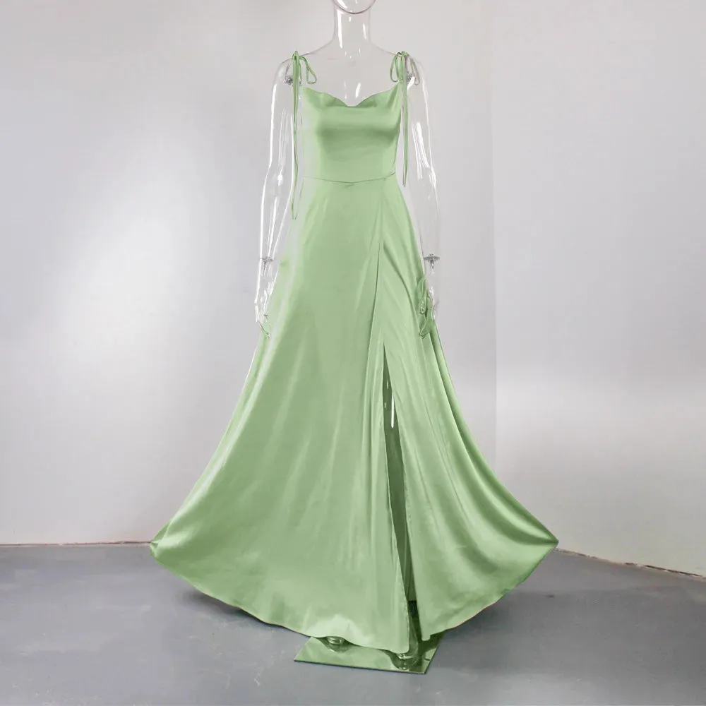 A-Line Sleeveless Side Split Backless Satin Floor Length Maxi Dress