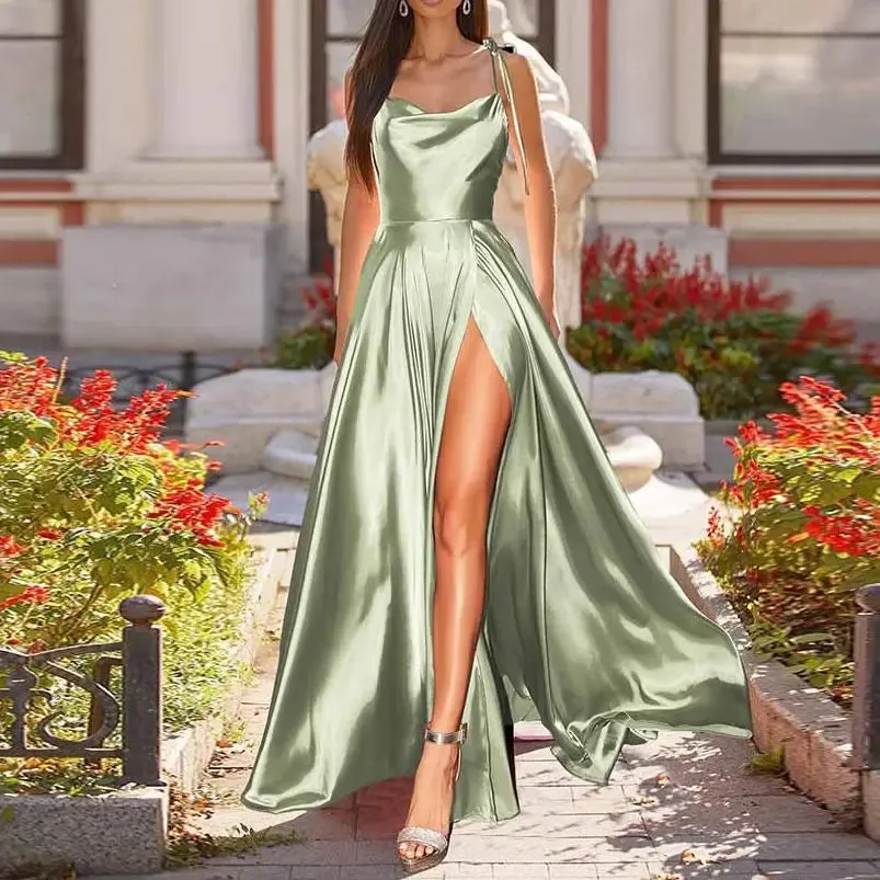 A-Line Sleeveless Side Split Backless Satin Floor Length Maxi Dress