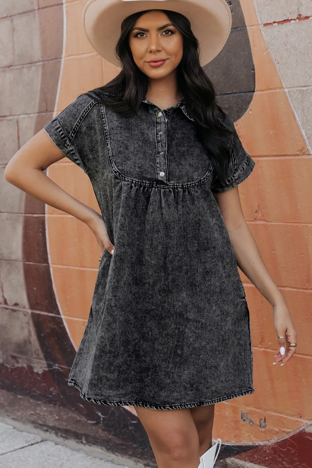 Acid Wash Collared Denim Dress