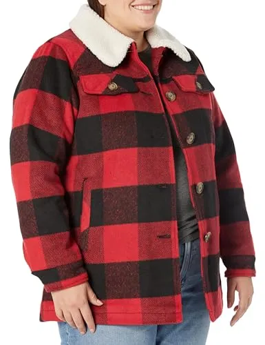 AVENUE Women's SOCIETIE  Plus Size Jacket Faux Wool Plaid, Black/RED