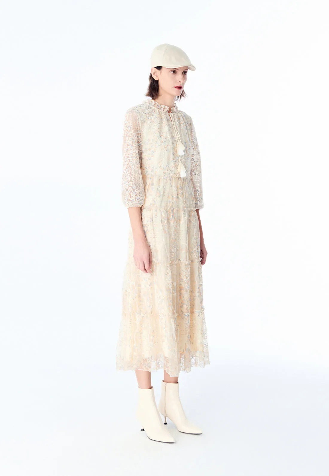 Beige Embroidered Lacy Maxi Dress