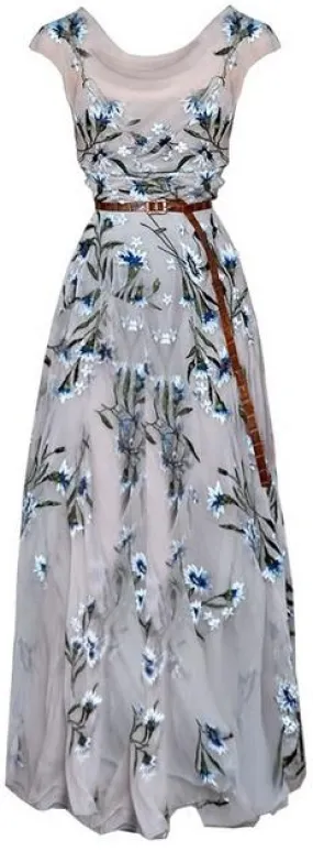 Belted Floral-Embroidered Draped-Collar Maxi Dress