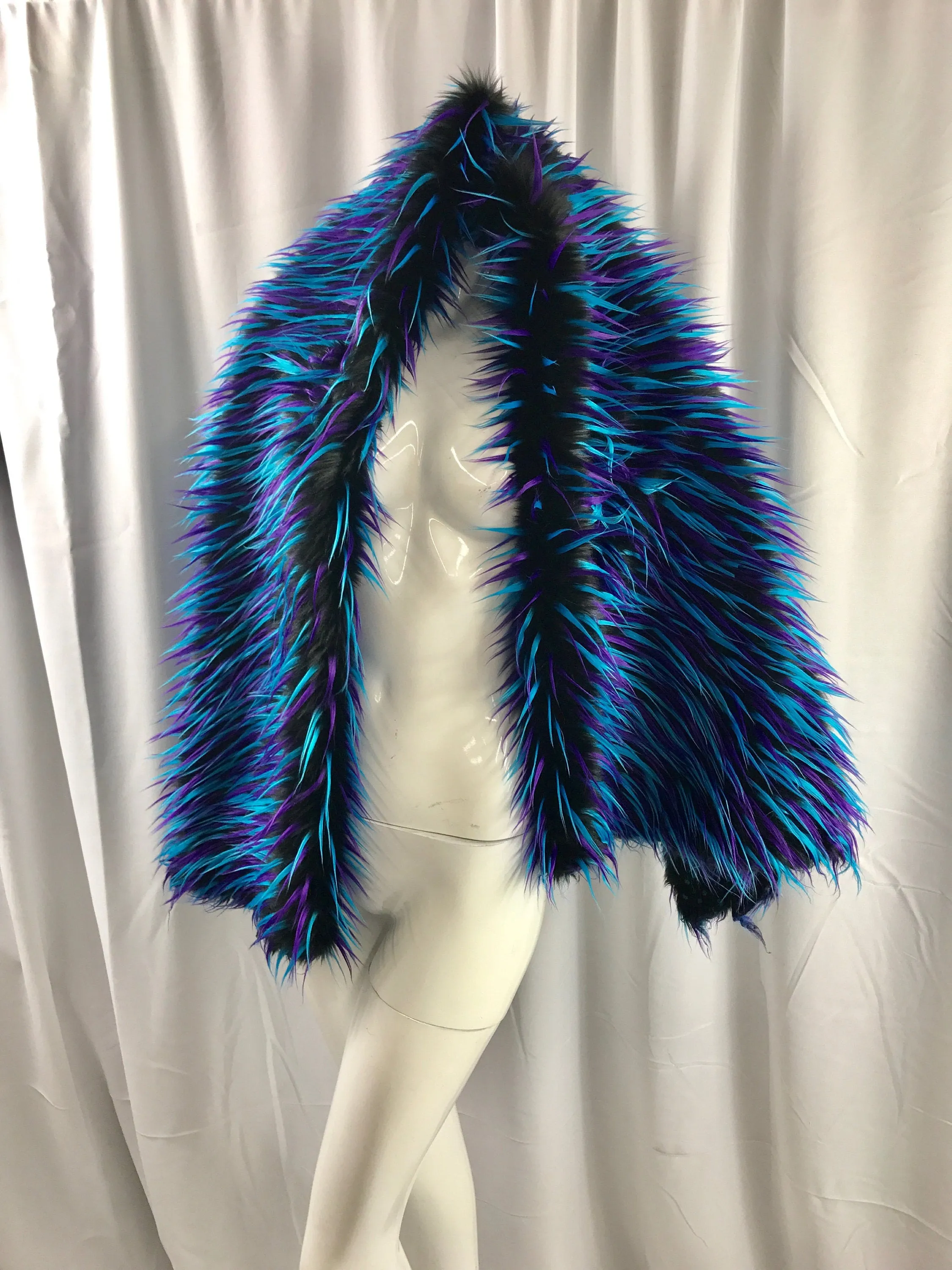 Black 3 tone multi color faux fun fur-turquoise-purple-shaggy polyster faux fur-jackets-fashion-apparel-decorations-sold by the yard.