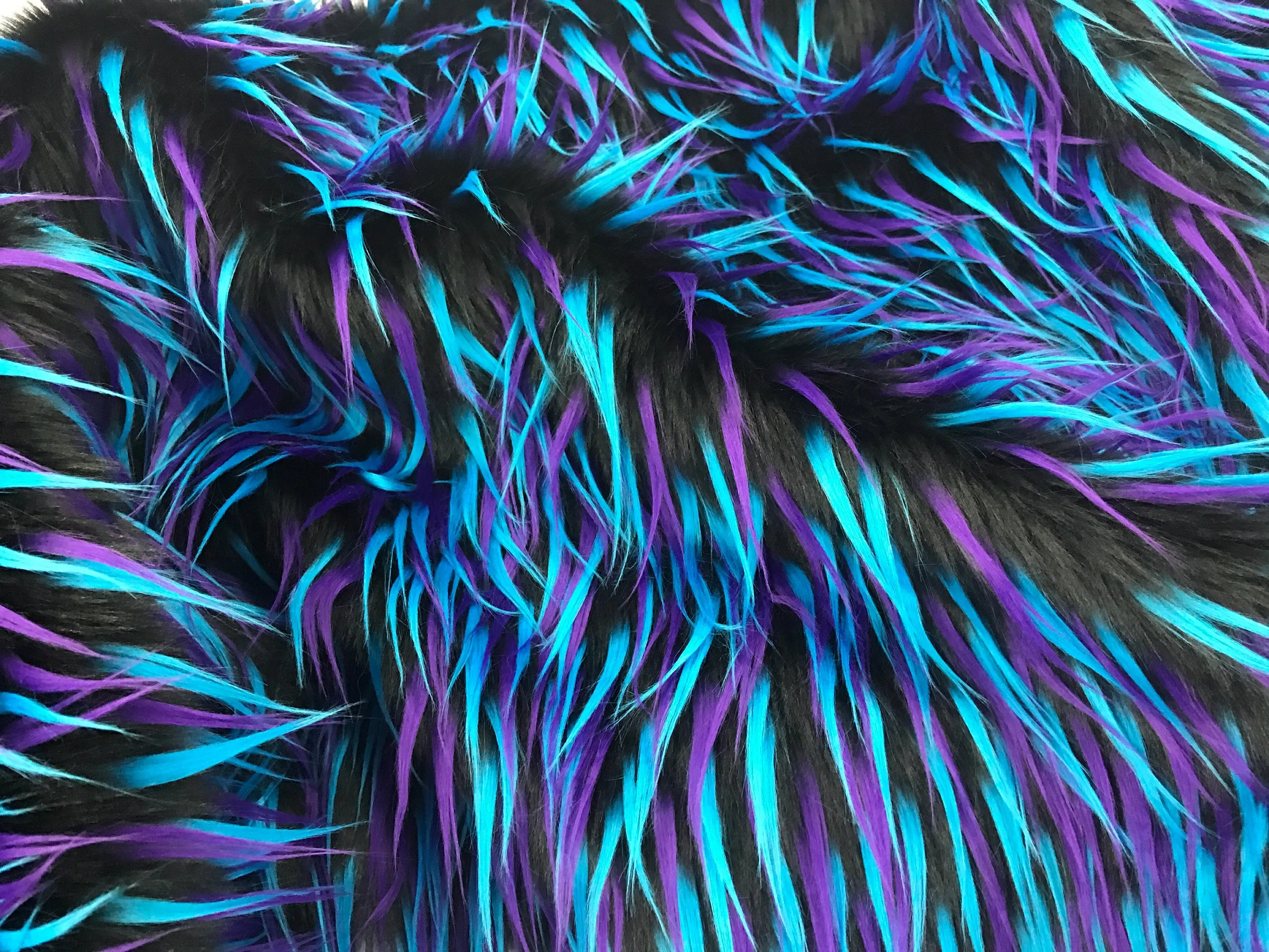 Black 3 tone multi color faux fun fur-turquoise-purple-shaggy polyster faux fur-jackets-fashion-apparel-decorations-sold by the yard.