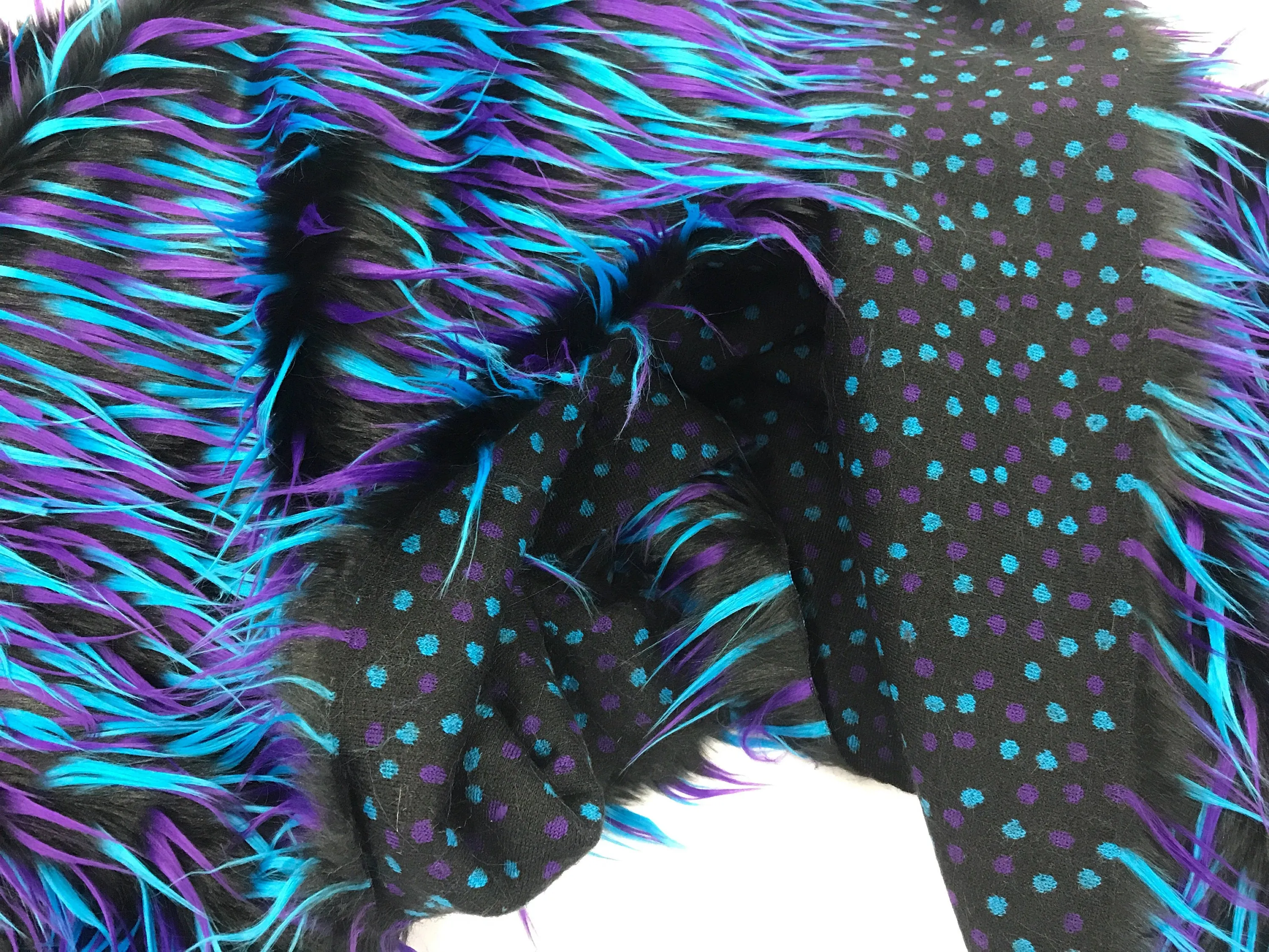 Black 3 tone multi color faux fun fur-turquoise-purple-shaggy polyster faux fur-jackets-fashion-apparel-decorations-sold by the yard.