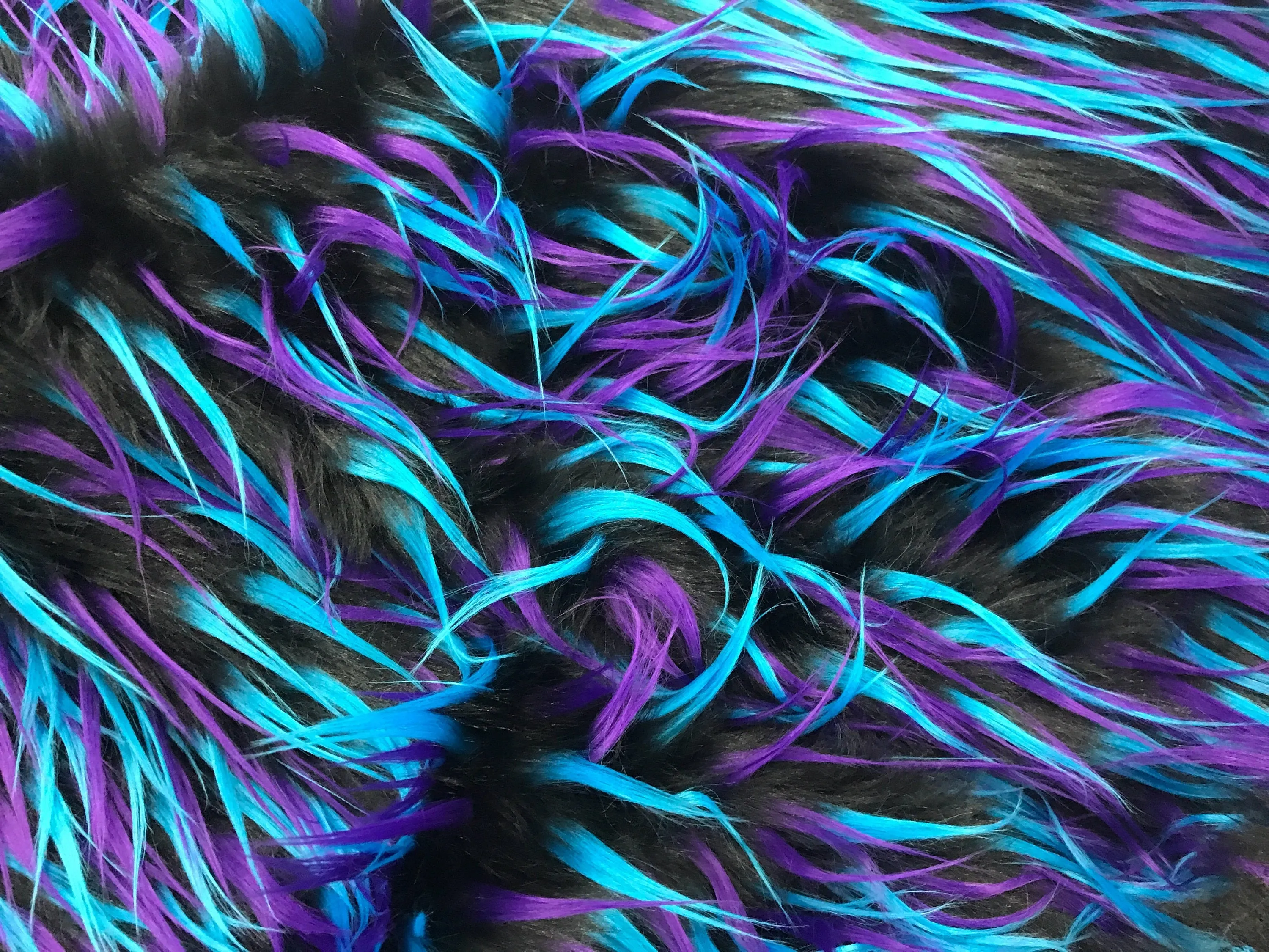 Black 3 tone multi color faux fun fur-turquoise-purple-shaggy polyster faux fur-jackets-fashion-apparel-decorations-sold by the yard.