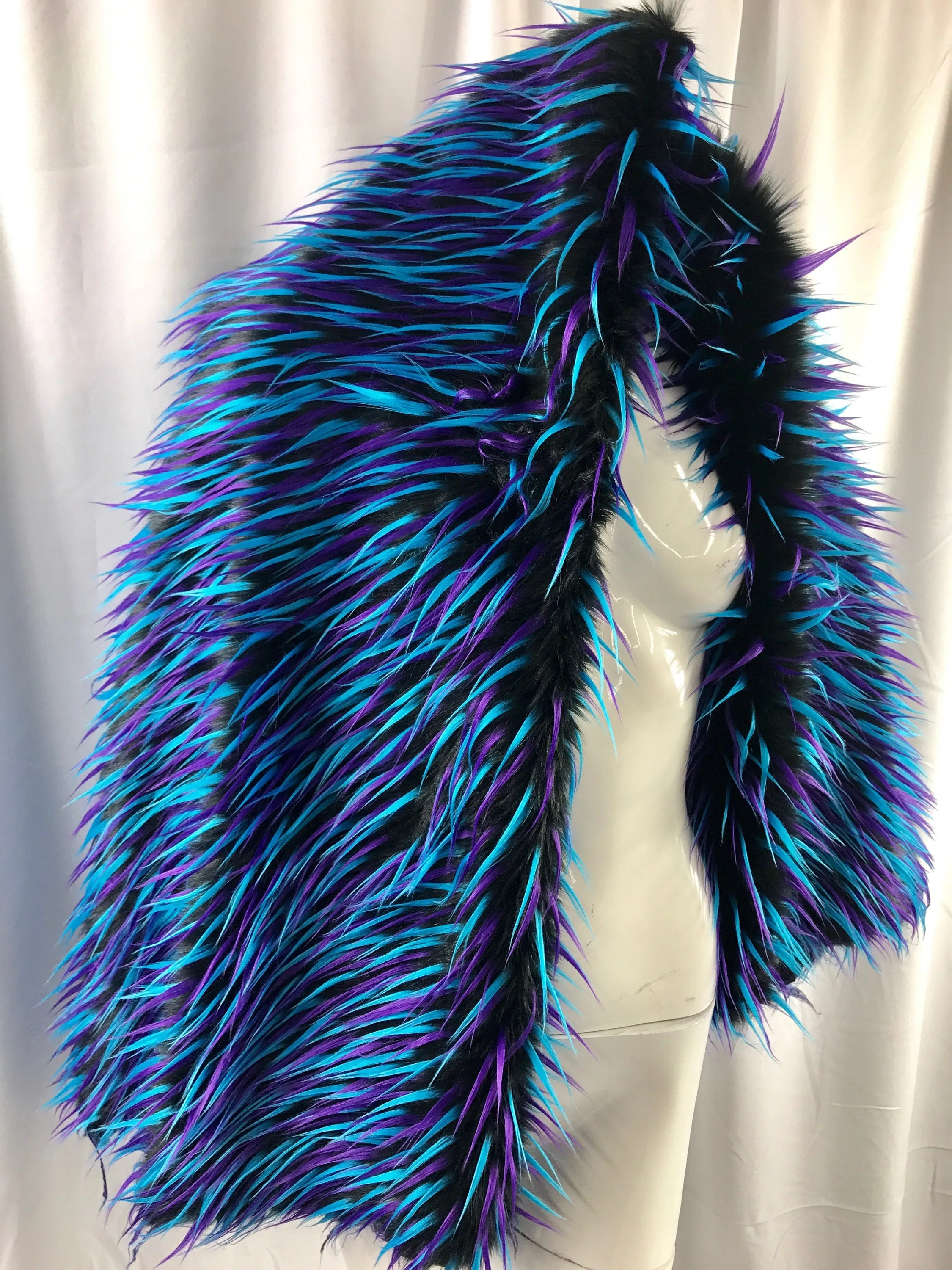 Black 3 tone multi color faux fun fur-turquoise-purple-shaggy polyster faux fur-jackets-fashion-apparel-decorations-sold by the yard.