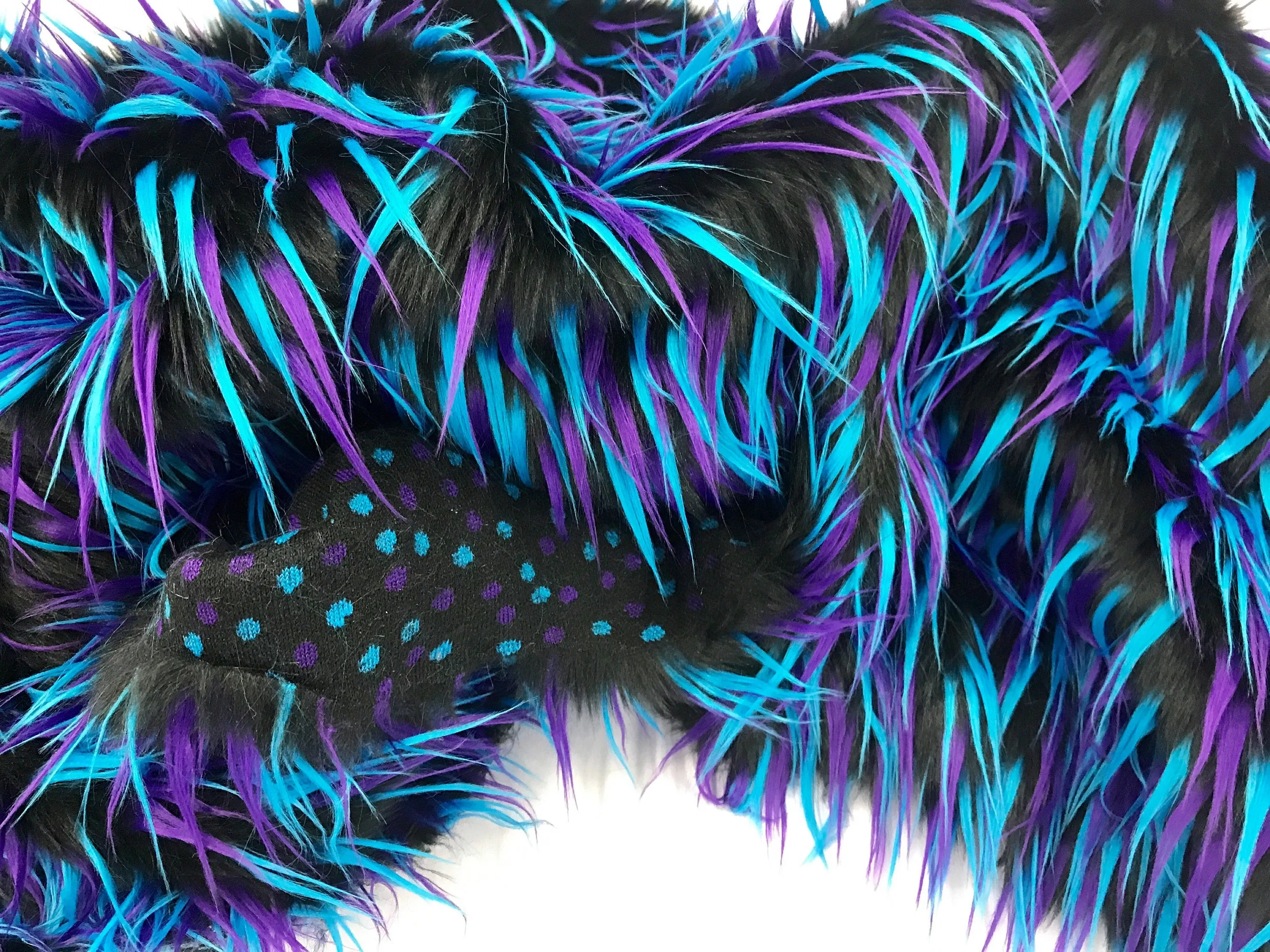 Black 3 tone multi color faux fun fur-turquoise-purple-shaggy polyster faux fur-jackets-fashion-apparel-decorations-sold by the yard.