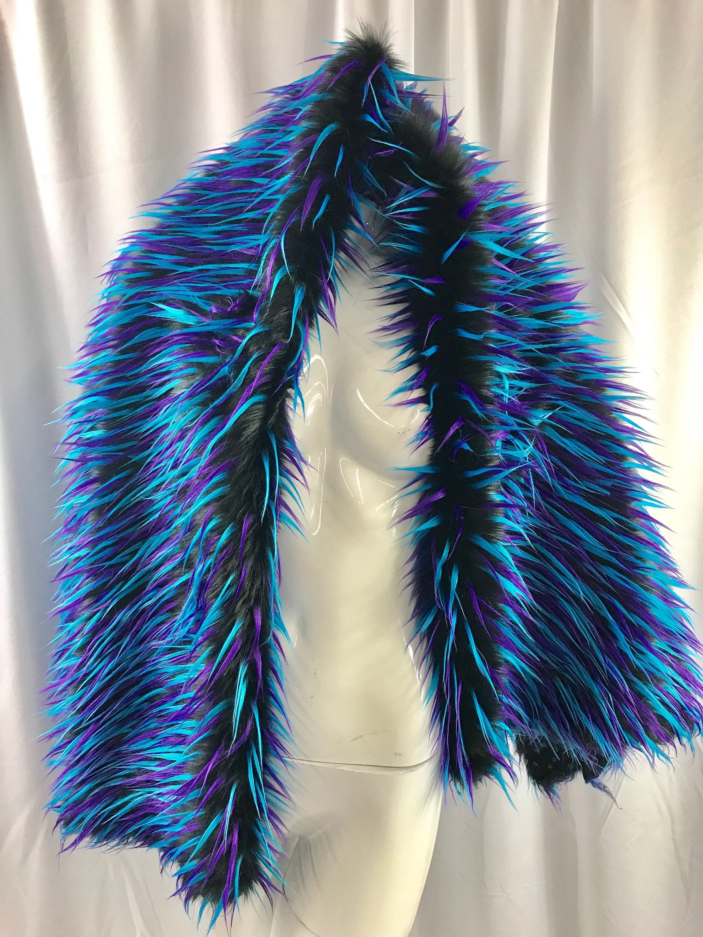 Black 3 tone multi color faux fun fur-turquoise-purple-shaggy polyster faux fur-jackets-fashion-apparel-decorations-sold by the yard.