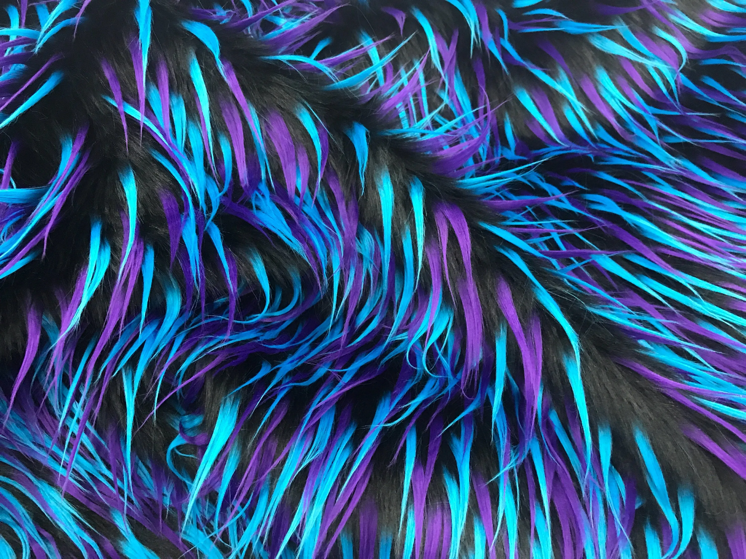 Black 3 tone multi color faux fun fur-turquoise-purple-shaggy polyster faux fur-jackets-fashion-apparel-decorations-sold by the yard.