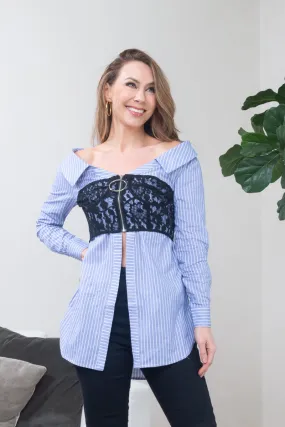 'Boss Babe' Off Shoulder Dual Layered Floral Lace Bustier Crop Topped O-Ring Zip Pin Striped Shirt in Denim Blue (VIT7854)