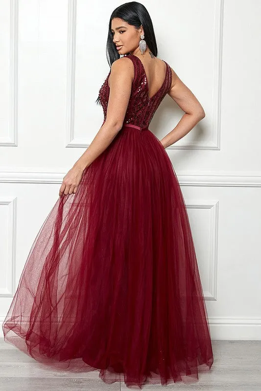 Burgundy Sleeveless Sequin Top Tulle Maxi Dress