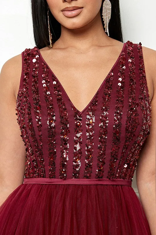 Burgundy Sleeveless Sequin Top Tulle Maxi Dress