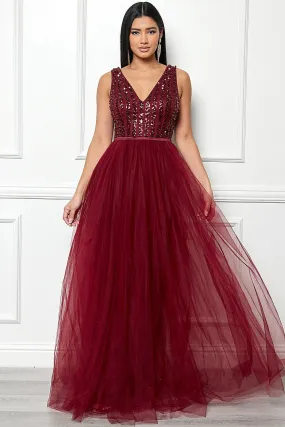 Burgundy Sleeveless Sequin Top Tulle Maxi Dress