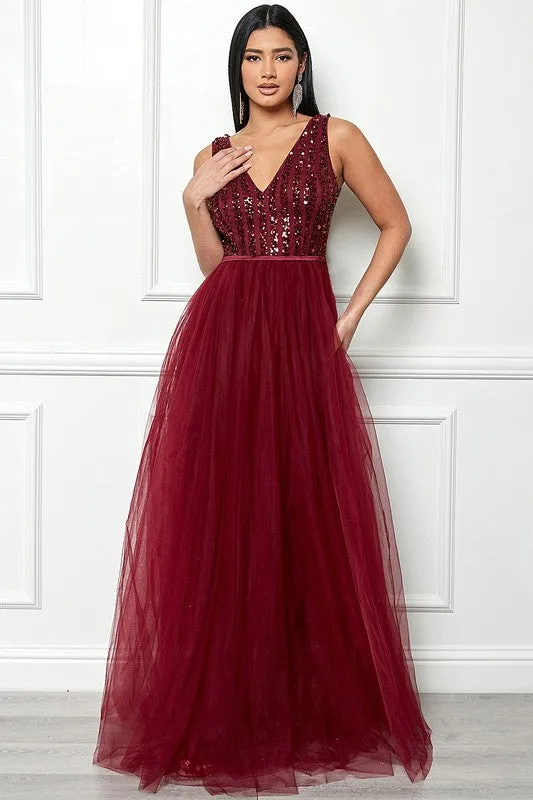 Burgundy Sleeveless Sequin Top Tulle Maxi Dress