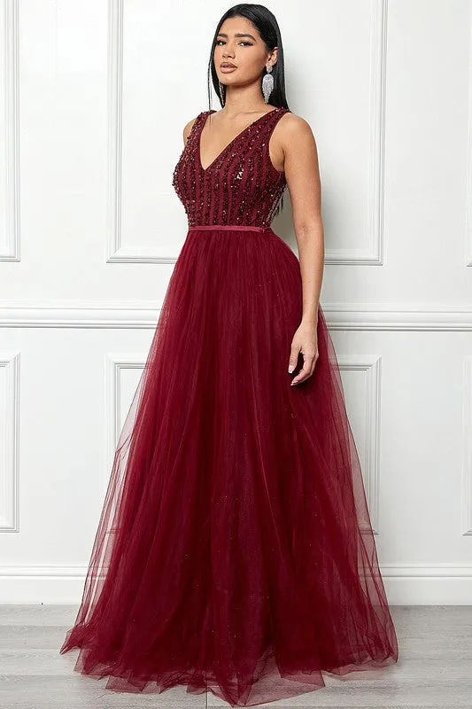 Burgundy Sleeveless Sequin Top Tulle Maxi Dress