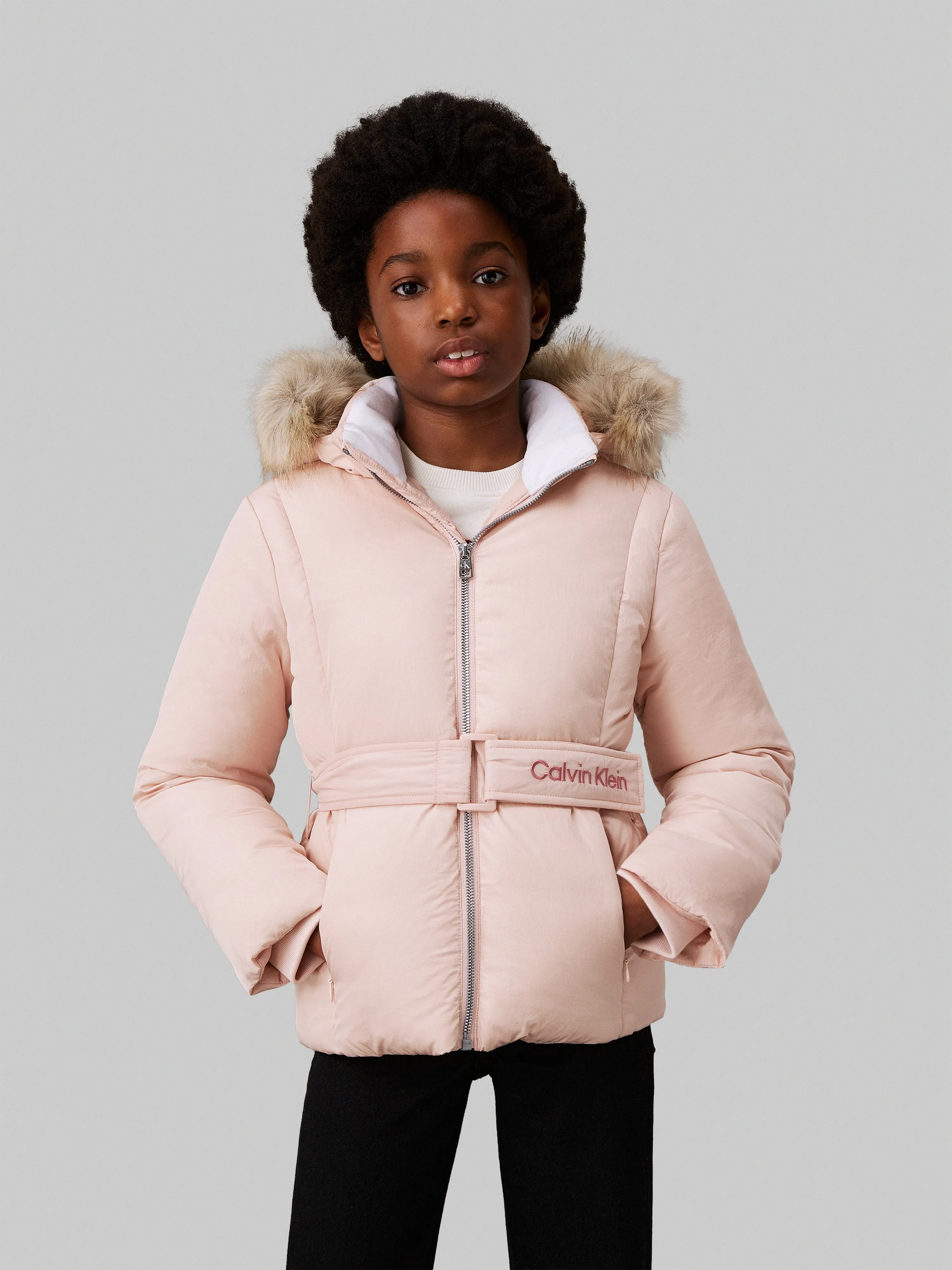 Calvin Klein Girls Classic Belted Fur Jacket in Pink