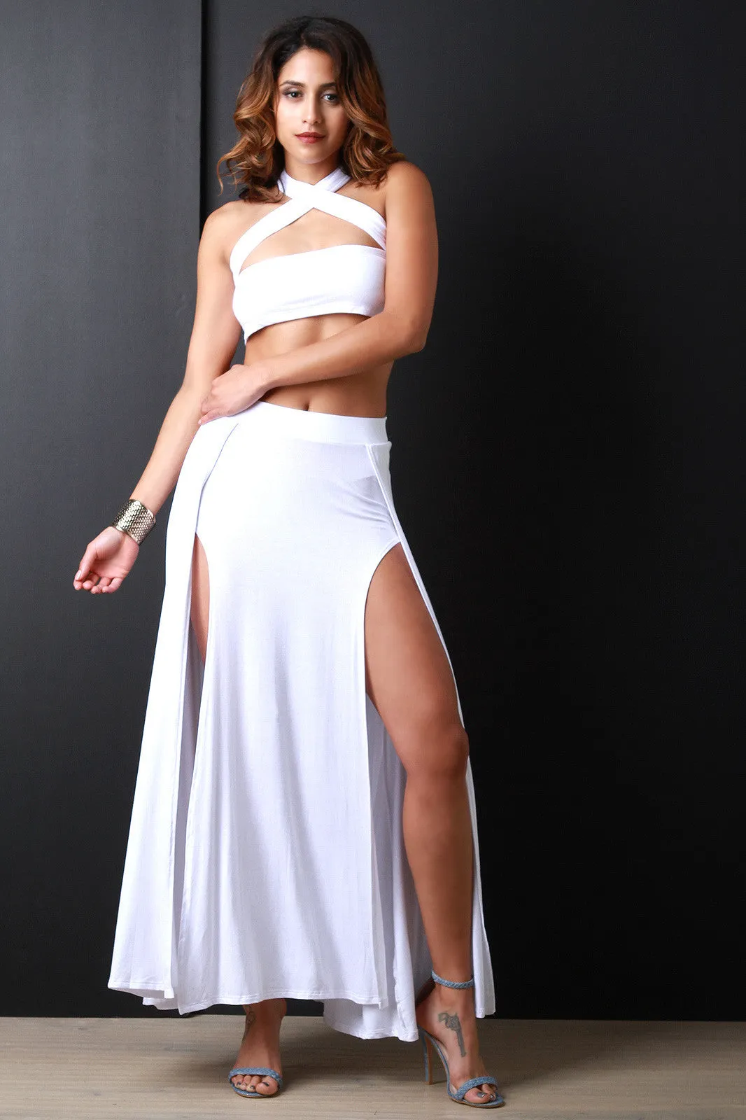 Casual High Waisted Deep Slit Maxi Skirt