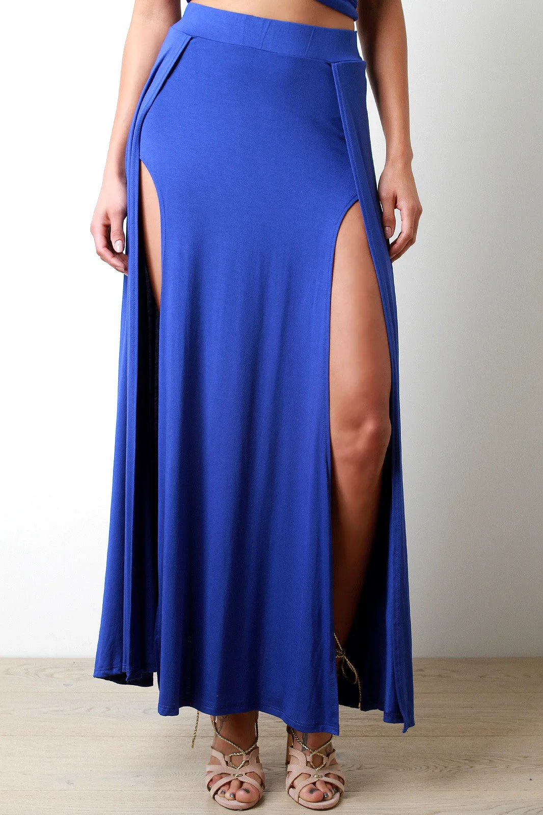 Casual High Waisted Deep Slit Maxi Skirt