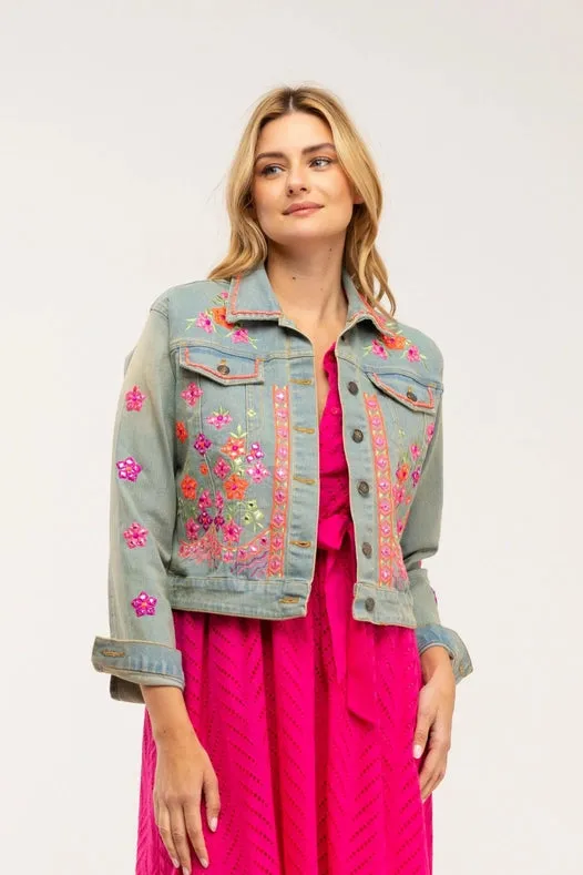 Denim Jacket With Embroidered Appliques, Rhinestones And Coin Detail