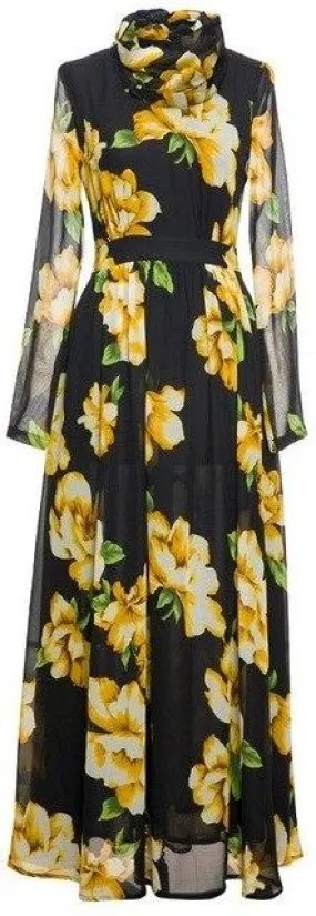 Draped-Collar Floral Print Maxi Dress