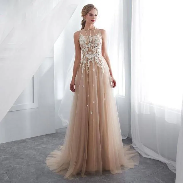 Elegant Appliques Sleeveless O-neck A-line See-through Lace Maxi Evening Gowns