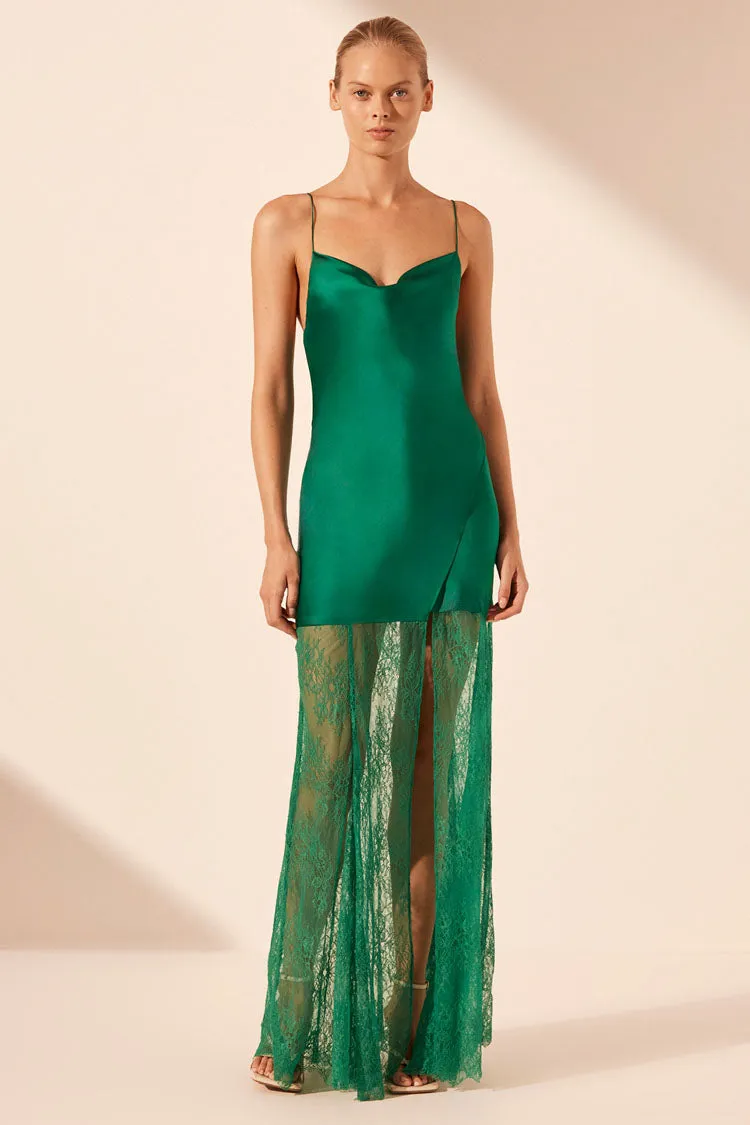 Elle Silk Lace Cowl Maxi Dress in Emerald