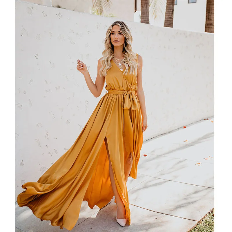 Eva High Slit V Sleeveless Maxi Dress