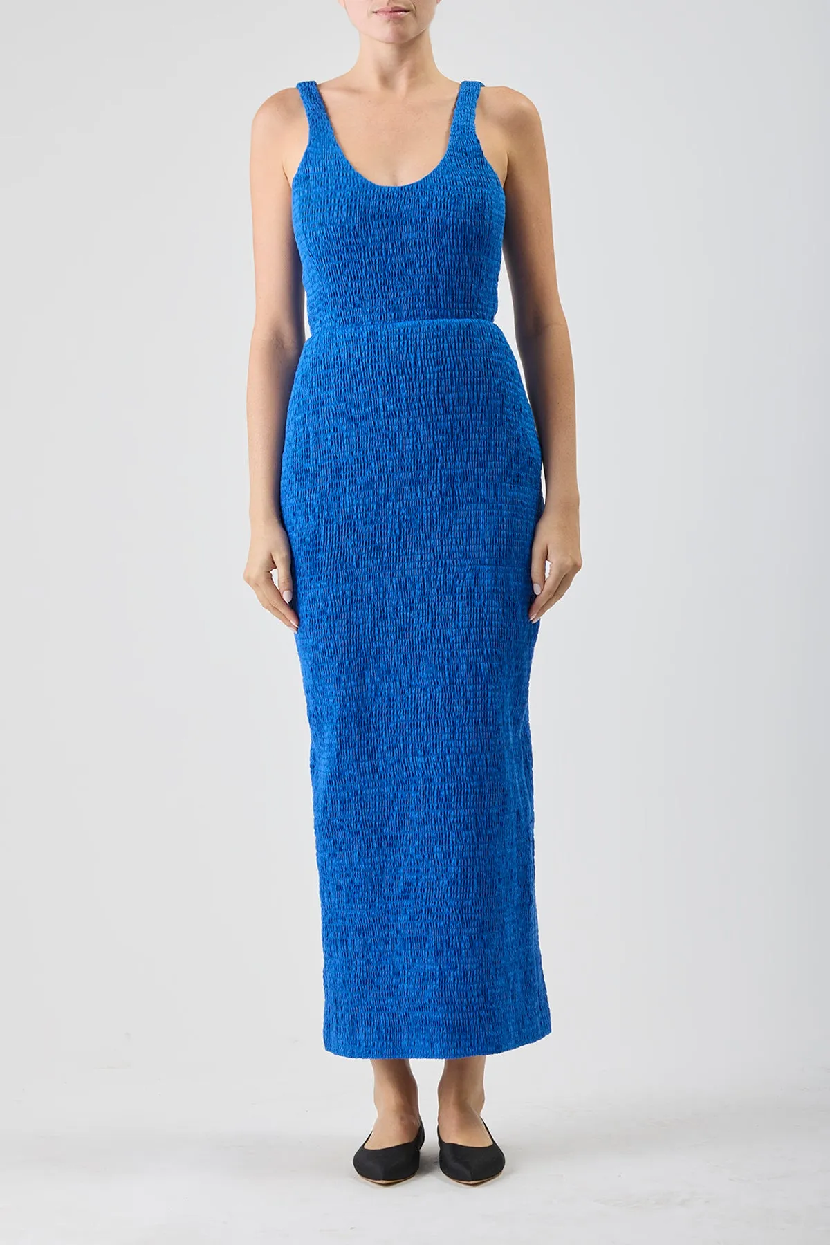 Girard Shirred Maxi Dress in Sapphire Aloe Linen