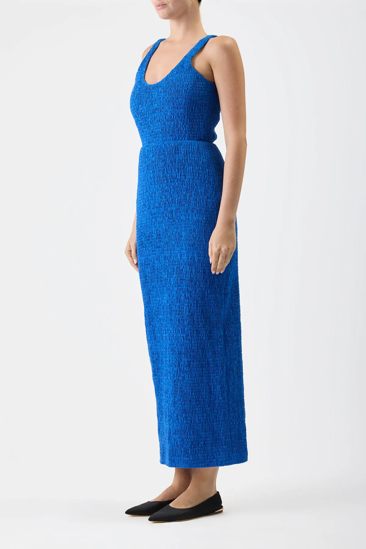 Girard Shirred Maxi Dress in Sapphire Aloe Linen