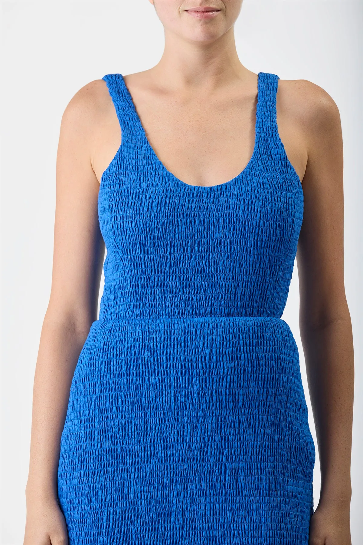 Girard Shirred Maxi Dress in Sapphire Aloe Linen