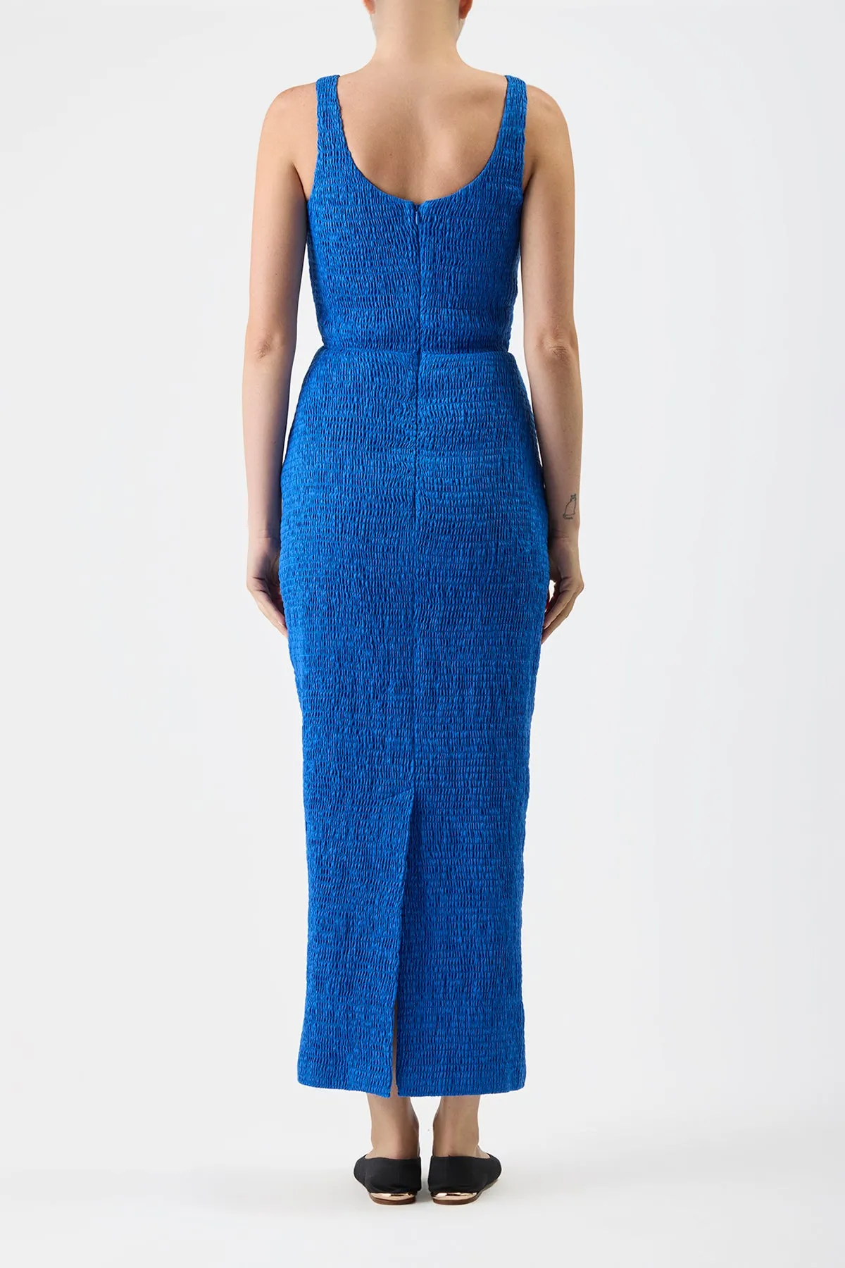 Girard Shirred Maxi Dress in Sapphire Aloe Linen