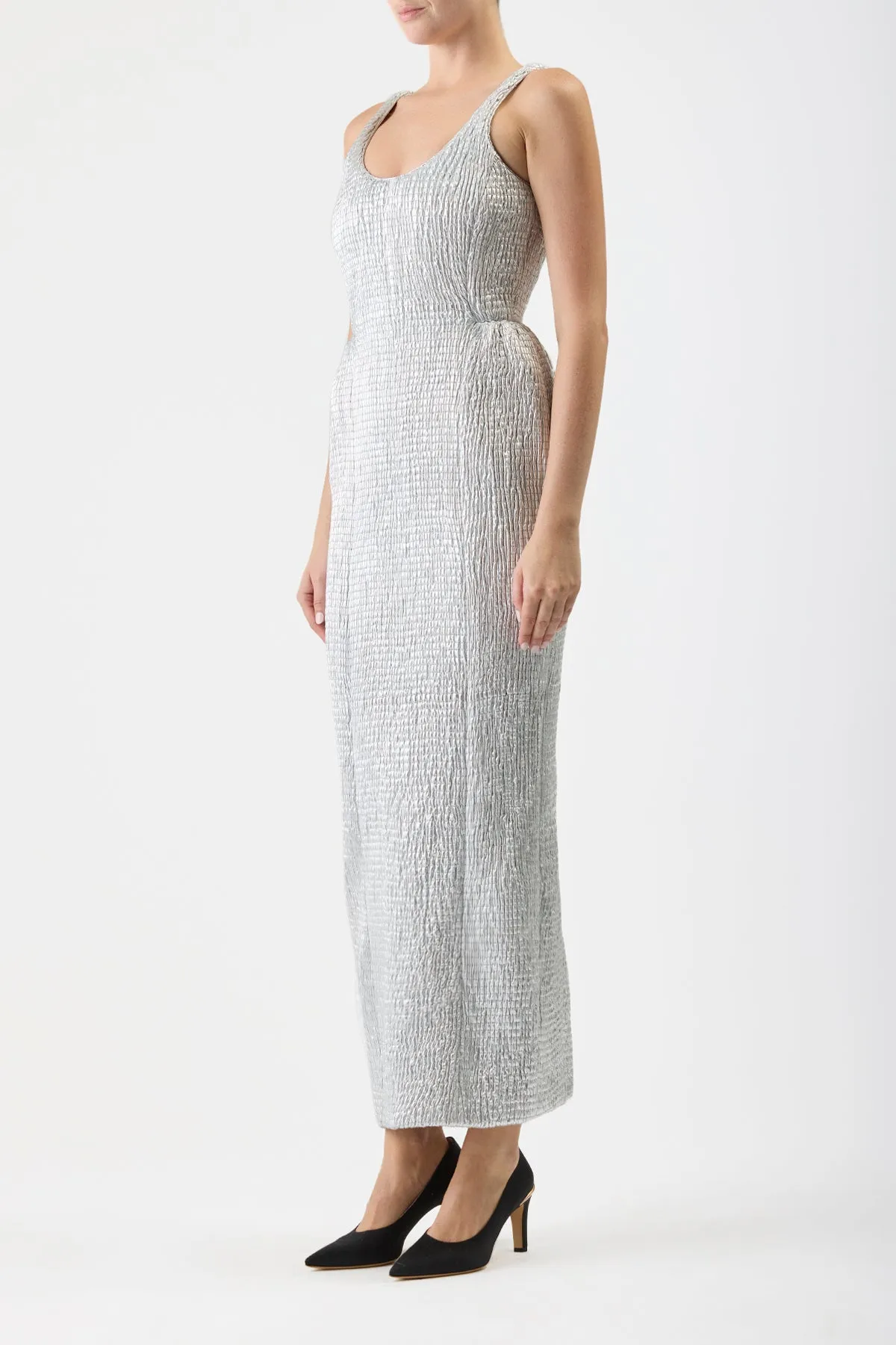 Girard Shirred Maxi Dress with Lining in Silver Metallic Nappa Leather