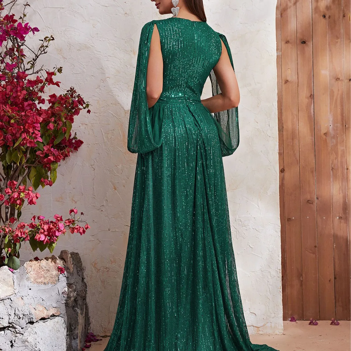 Green Sequin High Slit Maxi Dress