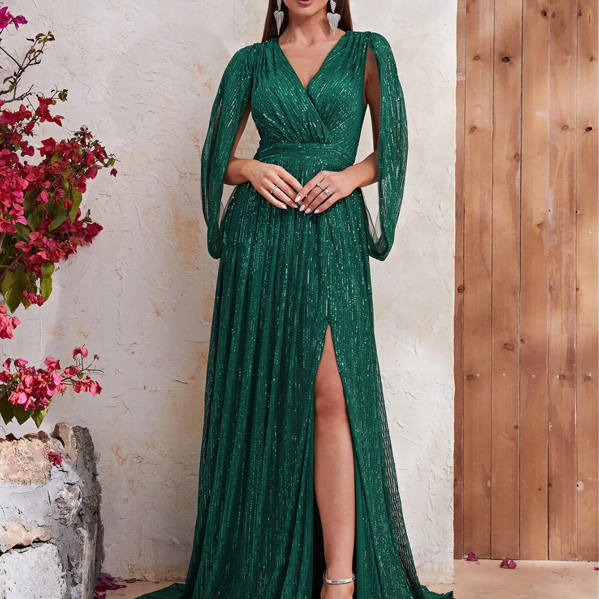 Green Sequin High Slit Maxi Dress