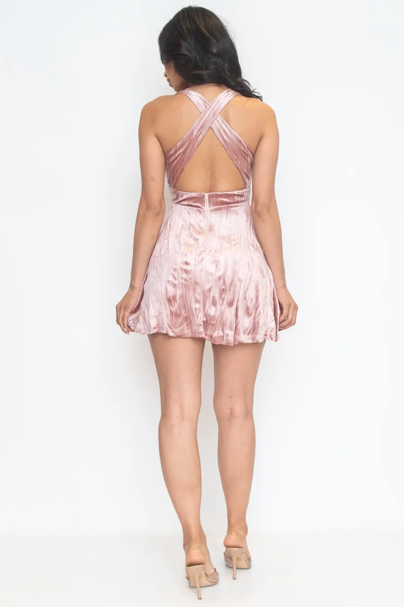 High Sheen Velveteen Halter Mini Skater Dress with Plunge V Neckline in Mauve (CD21867)