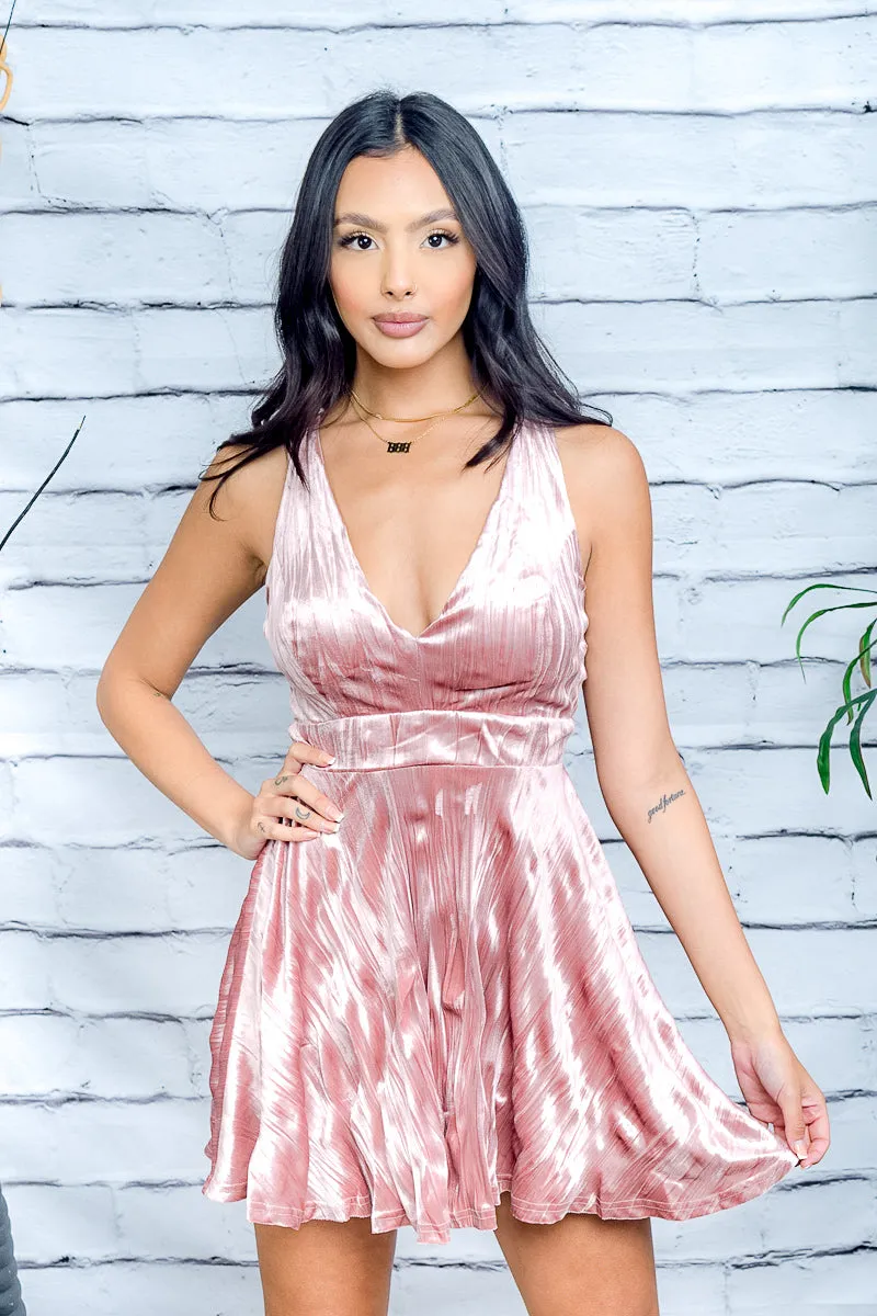 High Sheen Velveteen Halter Mini Skater Dress with Plunge V Neckline in Mauve (CD21867)