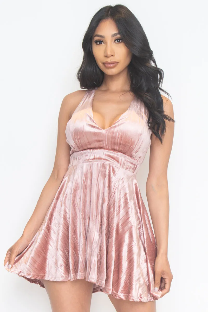 High Sheen Velveteen Halter Mini Skater Dress with Plunge V Neckline in Mauve (CD21867)