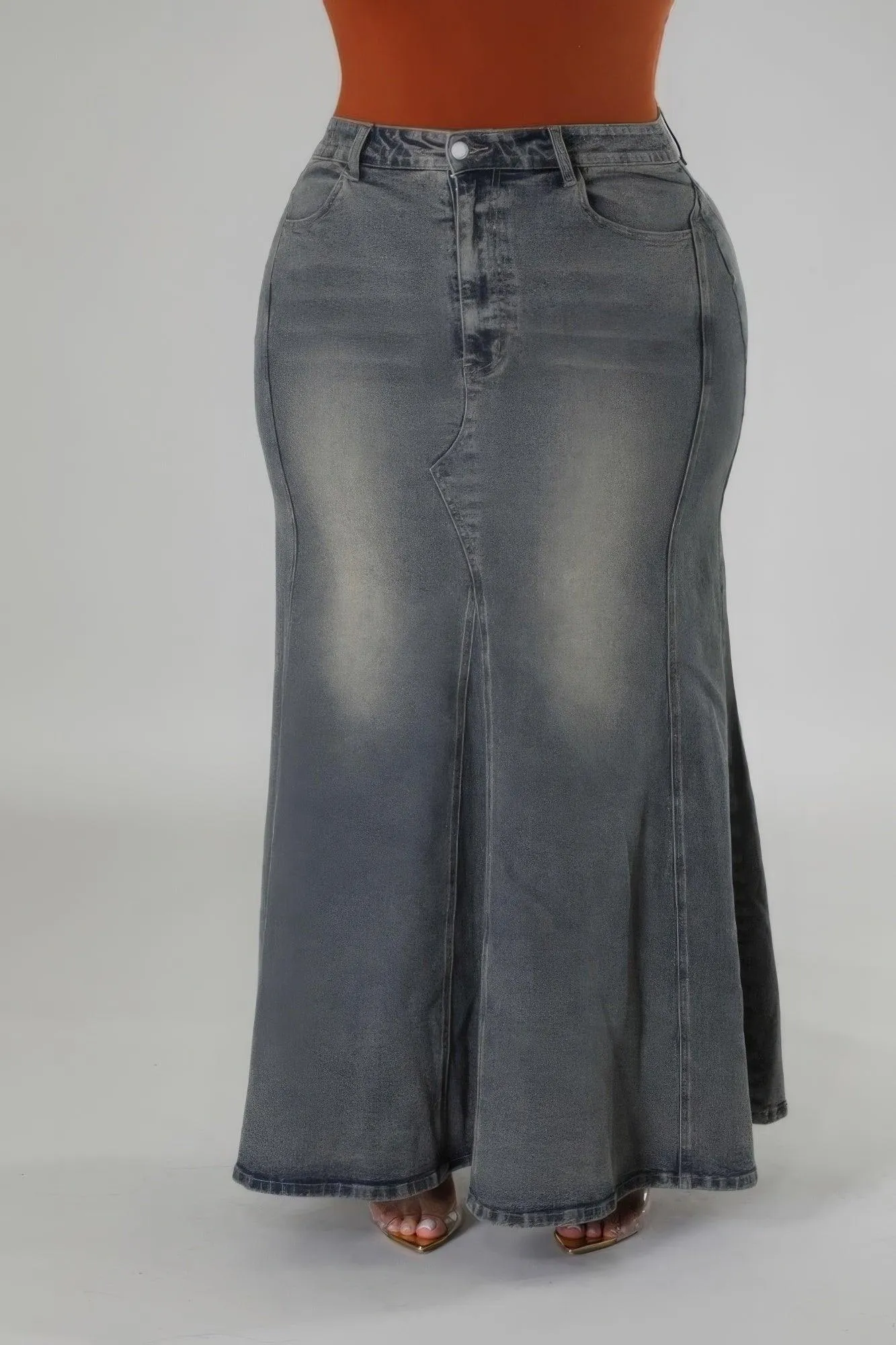 High-waisted Stretch Long Denim Skirt