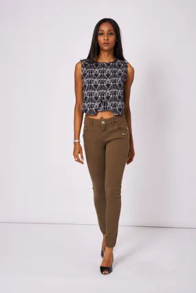 Khaki Zip Front Skinny Jeans Available In Plus Sizes