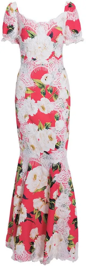 Lace Trim Floral Print Flared-Hem Dress in Red