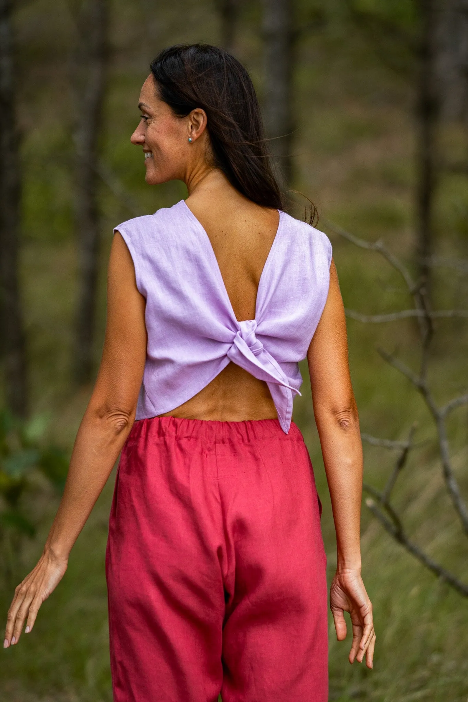 Linen Crop Top With Tie Back ROME In Lavender