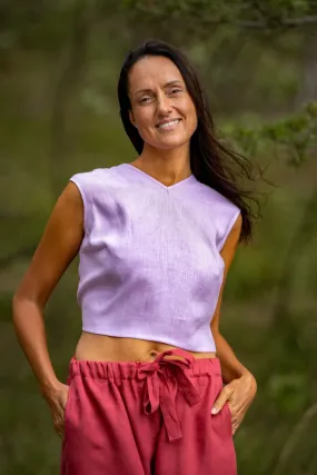 Linen Crop Top With Tie Back ROME In Lavender