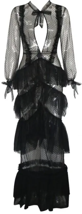 Long Black Sheer Tiered Light Lace Dress