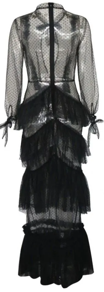 Long Black Sheer Tiered Light Lace Dress