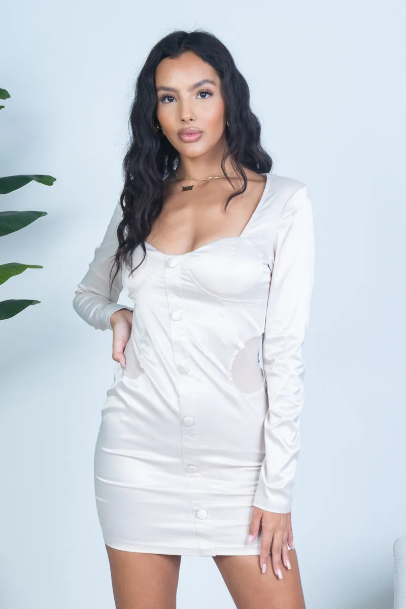 Long Sleeve Sateen Mini Dress with Sweetheart Neckline, Decorative Button Front, and Mesh Detail at Sides (JD2951)