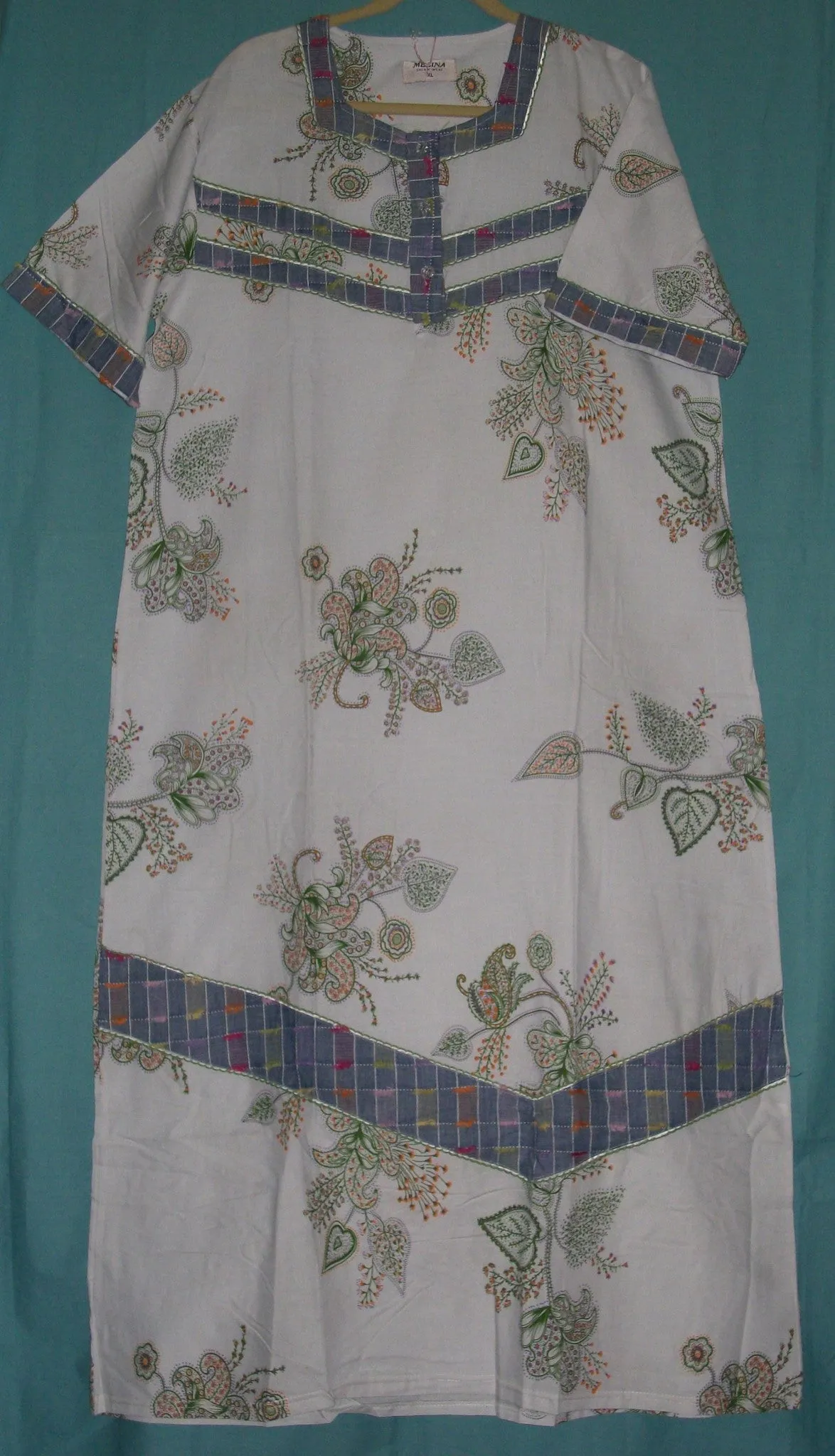 Maxi 1123 White Cotton Green Printed Gown Kaftan Jalabiya L Sleep Wear Shieno