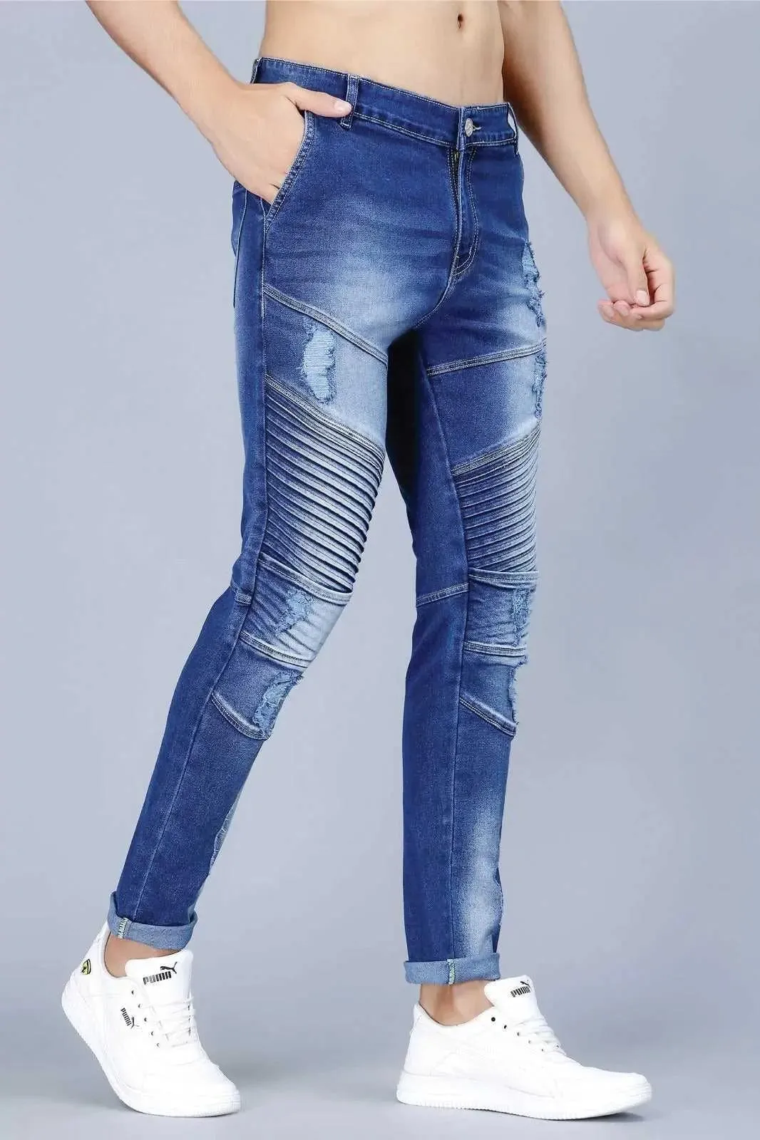 Men's Slim Fit Ankle Length Biker Denim Jeans With Rough Look