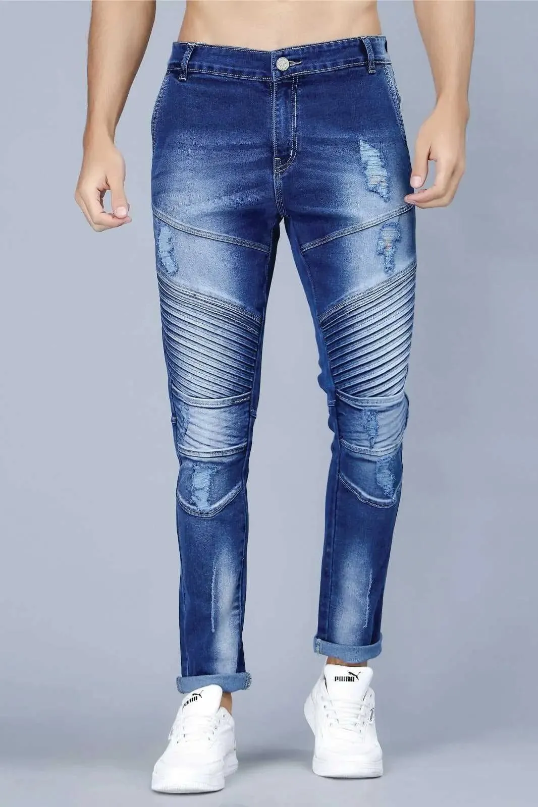 Men's Slim Fit Ankle Length Biker Denim Jeans With Rough Look